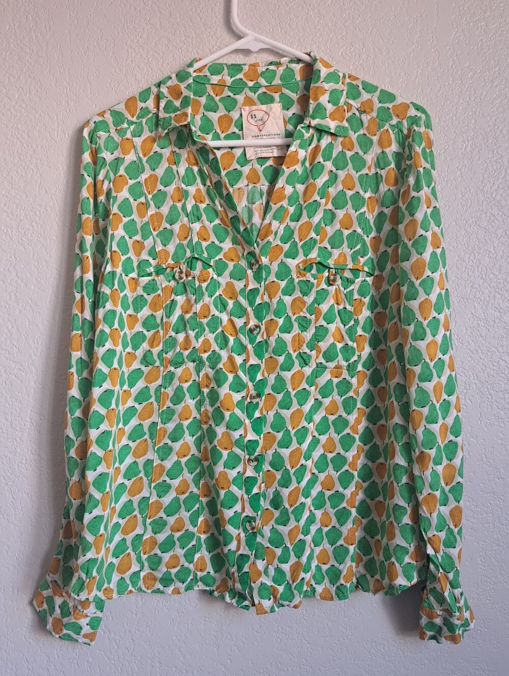 Anthropologie 11 Of 52 Conversations Green Yellow Pear Fall Print Button Down